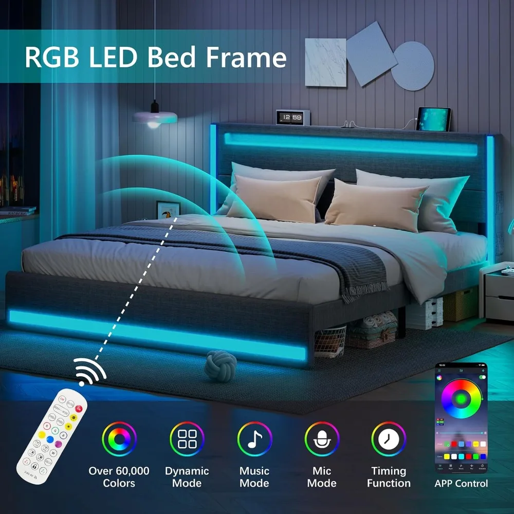 LED Bed Frame, Adjustable Headboard, Light up with Type-C & USB Charging Station, Upholstered Metal Bedframe, Bed Frame