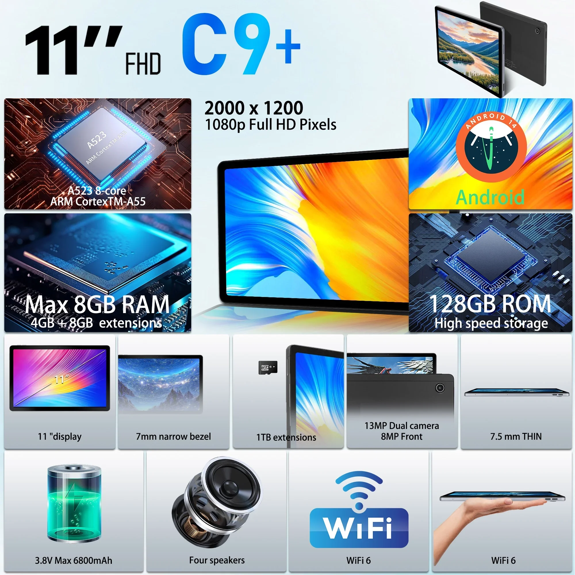 URAO C9+ Tablet da 11 pollici Android 14 12 GB di RAM 128 GB di ROM (1 TB di estensioni TF) Octa-Core 2K Widevine L1 IPS 8 MP + 13 MP 6800 mAh Custodia per penna