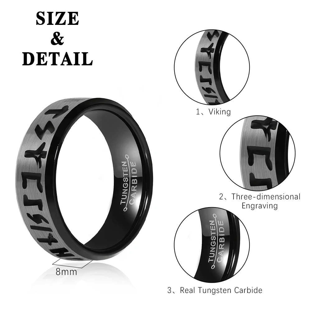 8mm Tungsten Carbide Nordic Retro Viking Rune Ring For Men Women Simple Odin Letter Deep Engraving Couple Amulet Jewelry Gifts