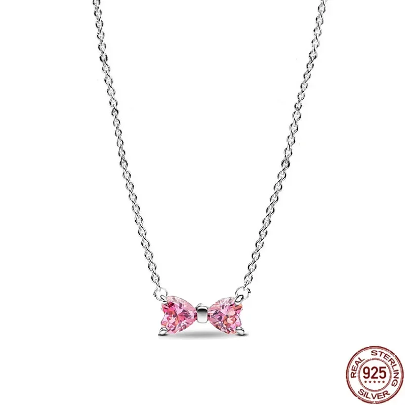 Squisita serie di fiocchi rosa scintillanti impostati in argento sterling 925 classico anello orecchino collana semplici gioielli da donna regali a sorpresa