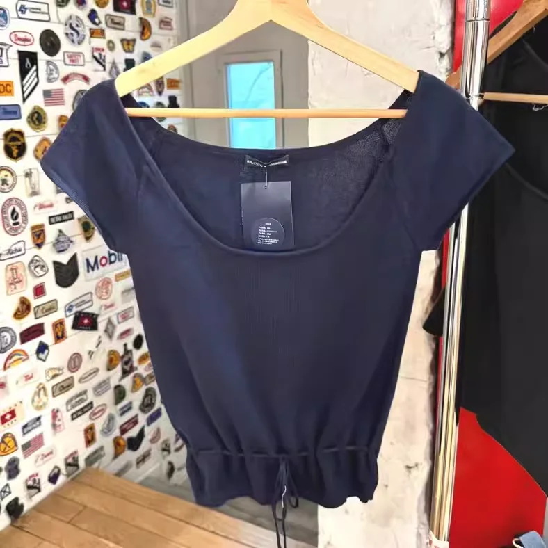 Camiseta de punto de manga corta estilo americano Brandy, ajustada, para mujer, de verano, de alta gama, color azul, top dulce, material de algodón