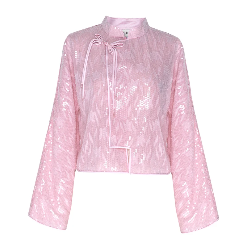 

Xuan ng Ji Pink Stand Collar ort Jaet Lightweight Flared Sve Asymmetrical Button Decoration Commute Sle Outerwear