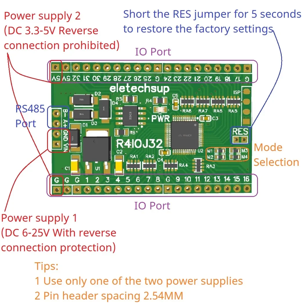 32CH RS485 2.54mm Pin Core Board Modbus Rtu Input and Output Control PLC HMI Remote IO Expanding Board R4IOJ32 DC 5V 12V 24V