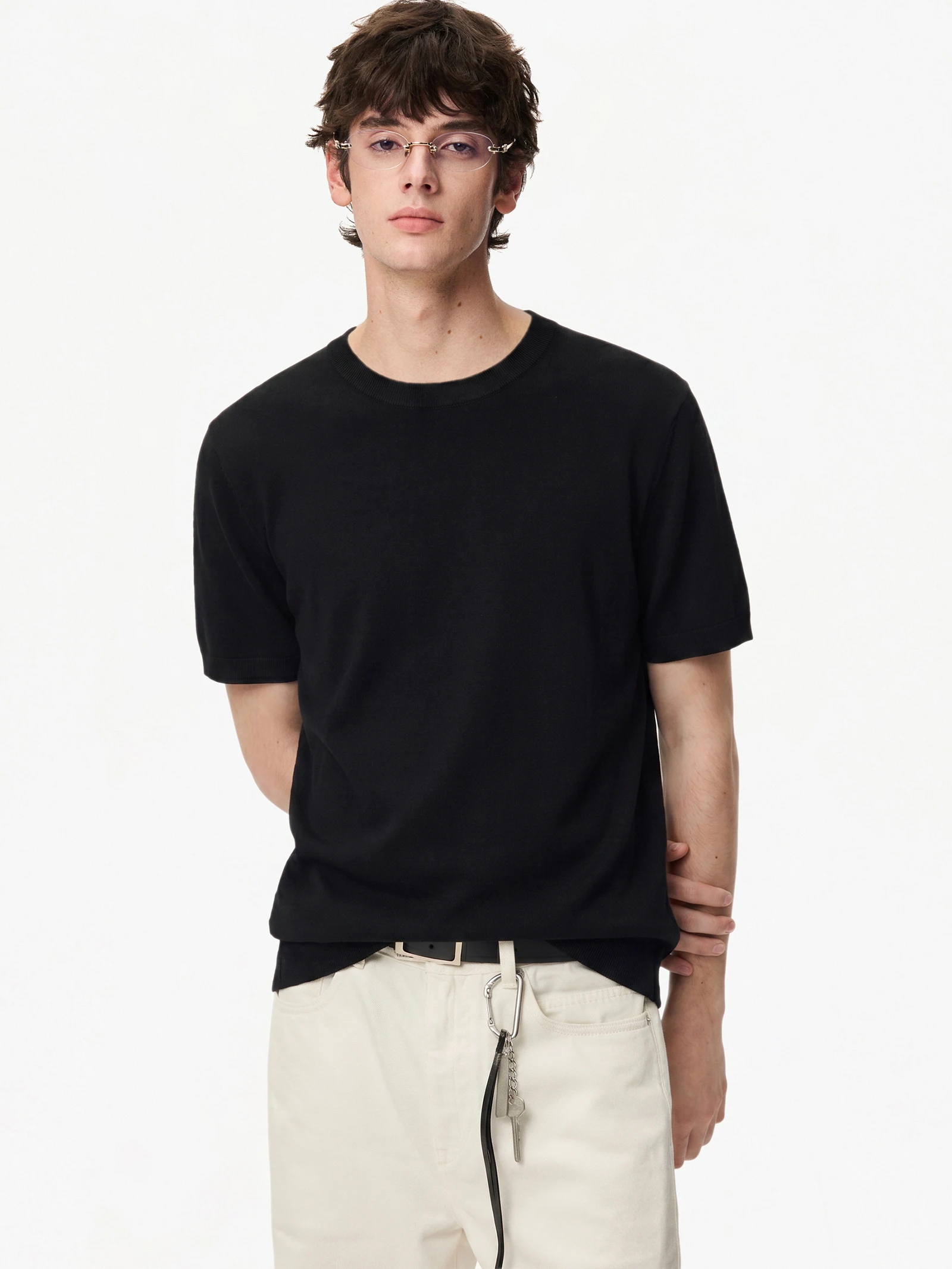 Lilbetter100% Wool Knitted Short Sleeve T-Shirt Men's Summer Casual Top Fashion Urban Style round Neck Short Length