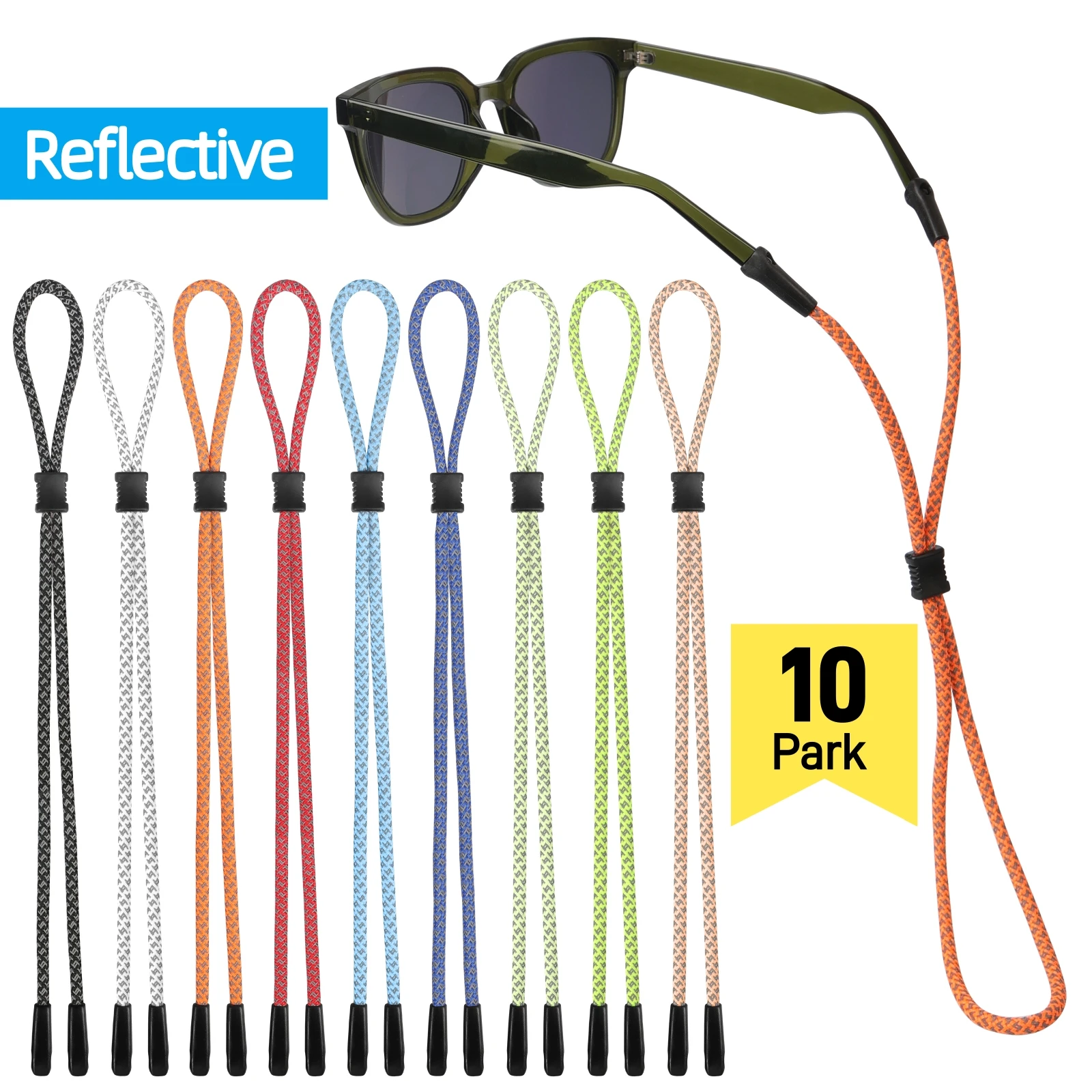 

10 Pcs Reflective Eyeglass Straps, Dual-Hole Universal Fit for Glasses & Sunglasses - Secure Hold for Night Running, Night Sport