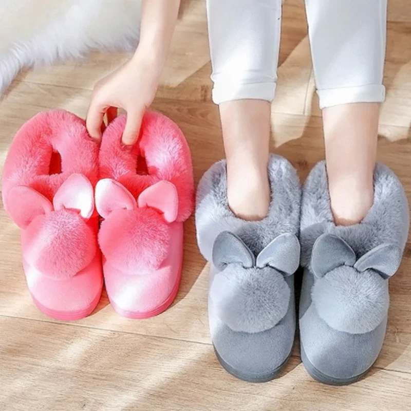 Winter Wrap Heels Women's Kawaii Rabbit Decor Plush Slipeprs Cosy Non-slip Mule Warm Home Cotton-padded Shoes