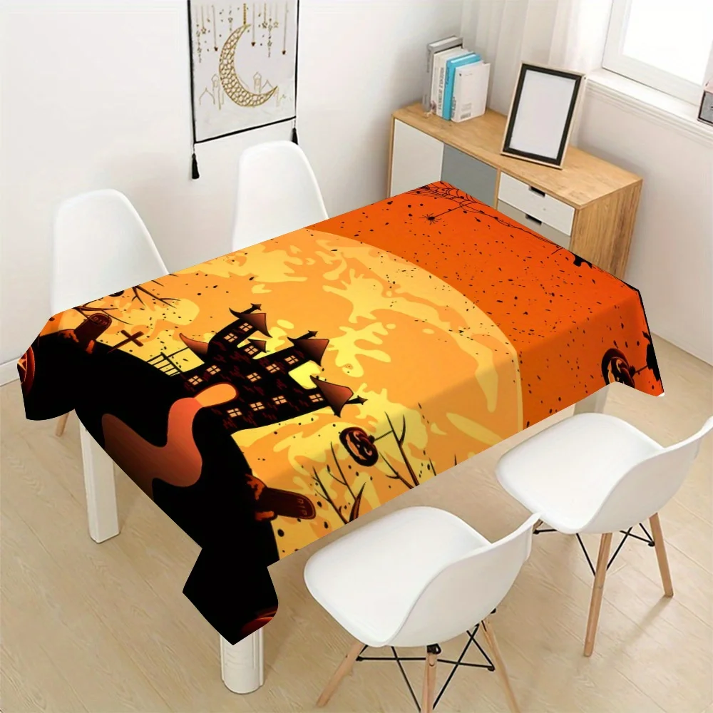 Halloween Tablecloth - Bright orange with bat, pumpkin and haunted house motifs for outdoor dining, farmhouse decoration