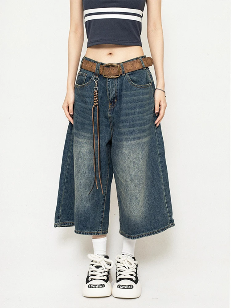 High Waist Black Retro Washed Denim Shorts Women\'s Harajuku Vintage Fashion Casual Loose Y2K Streetwear Mid Long Wide Leg Pants