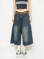 High Waist Black Retro Washed Denim Shorts Women's Harajuku Vintage Fashion Casual Loose Y2K Streetwear Mid Long  Wide Leg Pants - Image 4