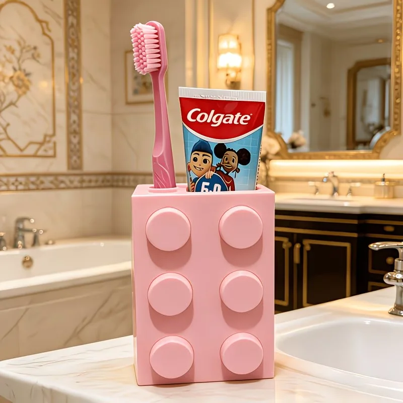Cute Building Block Toothbrush Holder, Multifunctional Bathroom Organizer Stand Bathroom Additions