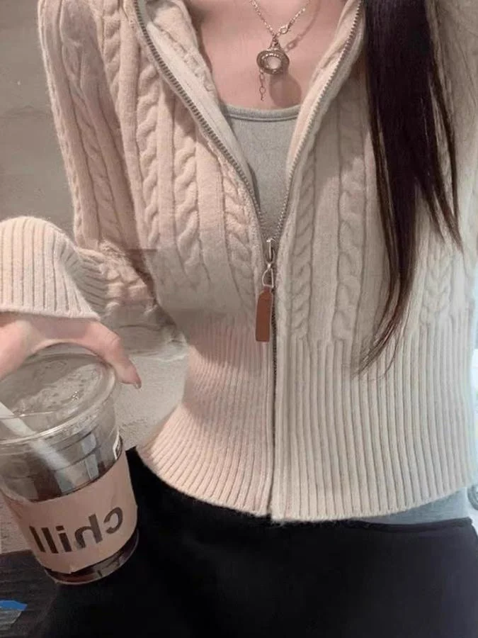 Femmes automne hiver ort tricoté pull manteau décontracté Sle coupe ajustée doux au toucher fermeture éclair torsion tricot vêtements intérieurs tricot Cardigan