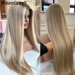 Vanilleblonde Balayage 13x6 transparente Lace-Front-Perücke, 100 % Echthaar, Perückenstufe, glattes Haar, 210 % Dichte, realistische Remy-Perücken