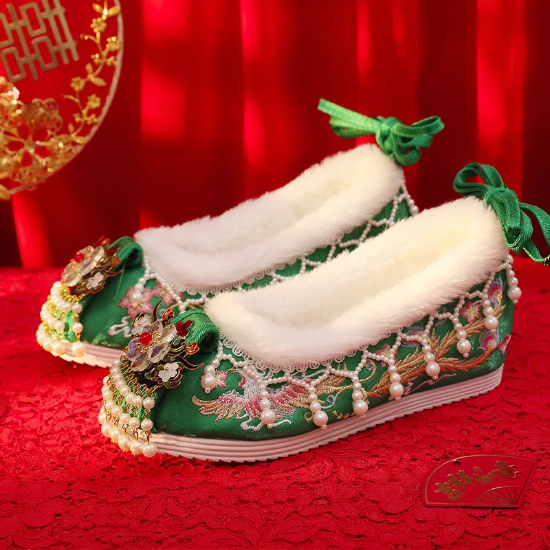 

Зеленые свадебные туфли Xiuhe в новом стиле с кисточками, вышитые, в старинном стиле, для костюмированных выступлений