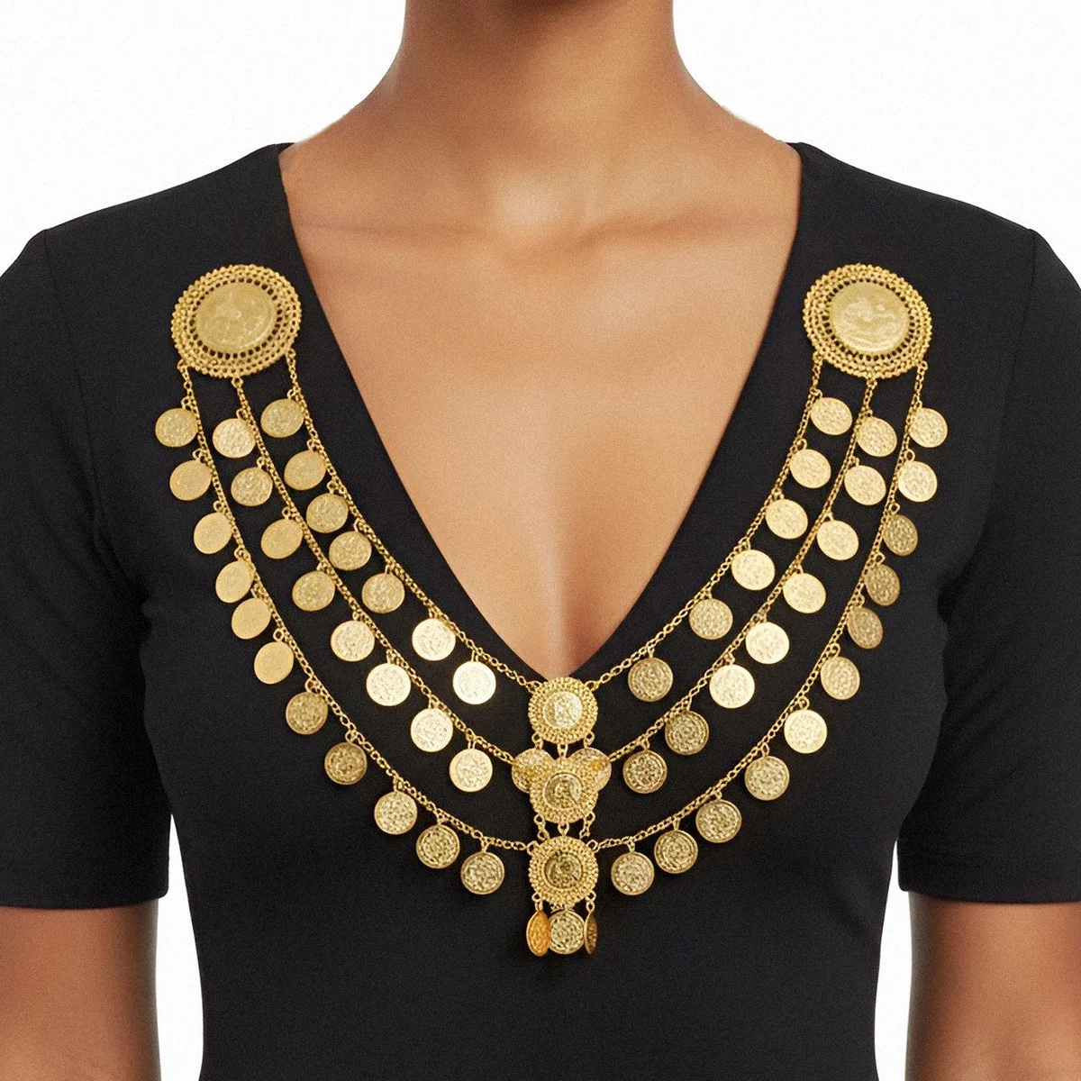 

Exaggerated Body Jewelry Arabic Gold Color Metal Coin Chain Tassel Bib Necklace for Women Party Wedding Clothing Accessories