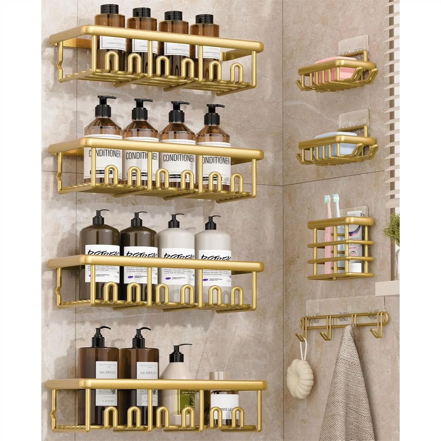 

8 Pack Rustproof Shower Shelves with Soap Dishes, Toothbrush Holder & Hooks, No-Drilling Bathroom Organizer Rack, Gold