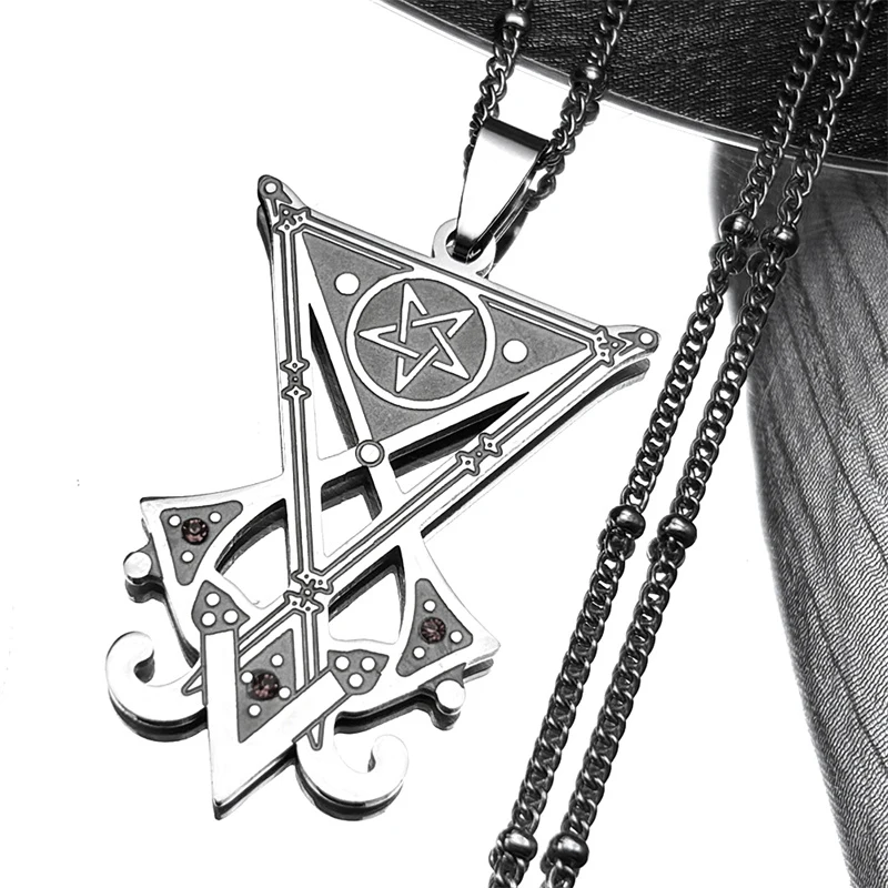 Sigil Church of Satan Inverted Pentagram Pendant Necklace Stainless Steel Seal of Lucifer Devil Symbol Red Rhinestones Jewelry