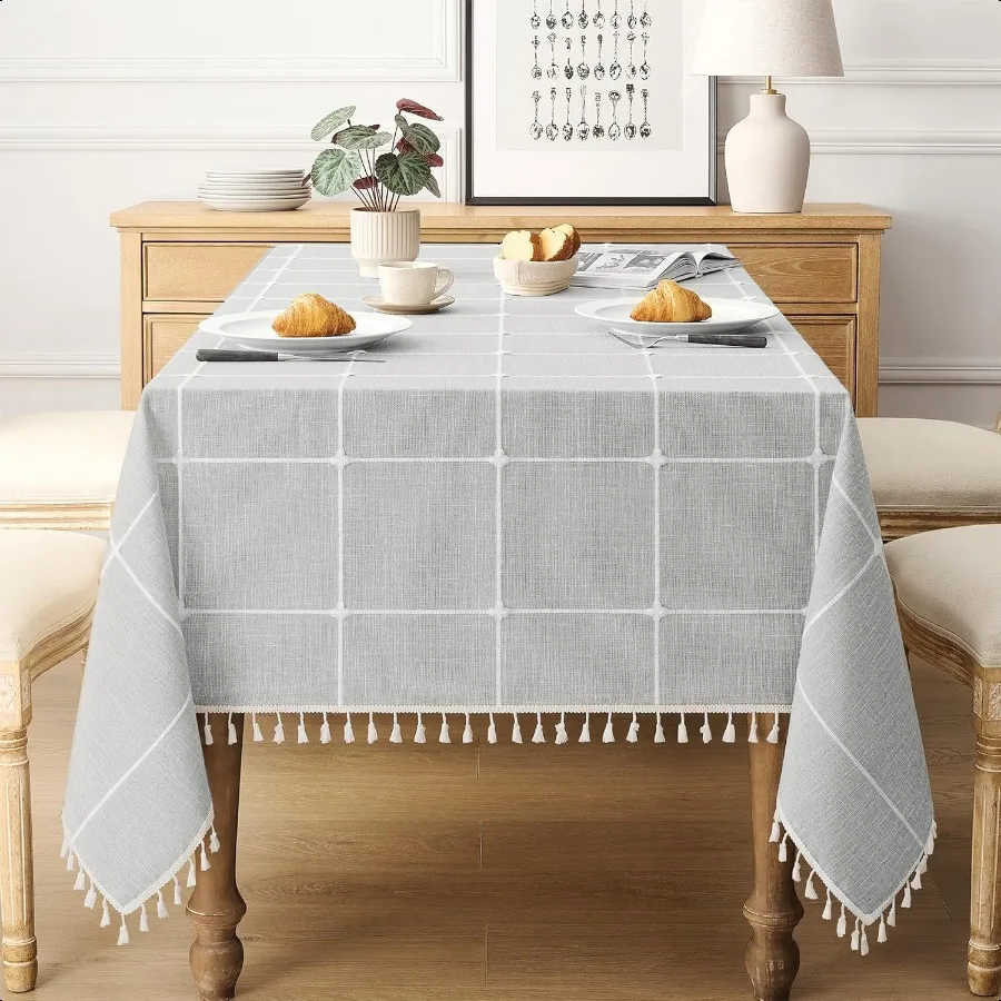 

Plaid Rec Tablecloth Waterproof Cotton Linen Tablecloth with Tassel Rustic Farmhouse Table Cloths for Kitchen Dining Outdoor 55