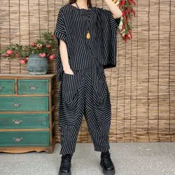 Fashion Retro Loose T Shirt Sets Women Summer 2024 New Casual Irregular Suits Bat Short Sleeve T-shirt And Pants Two Piece Suit