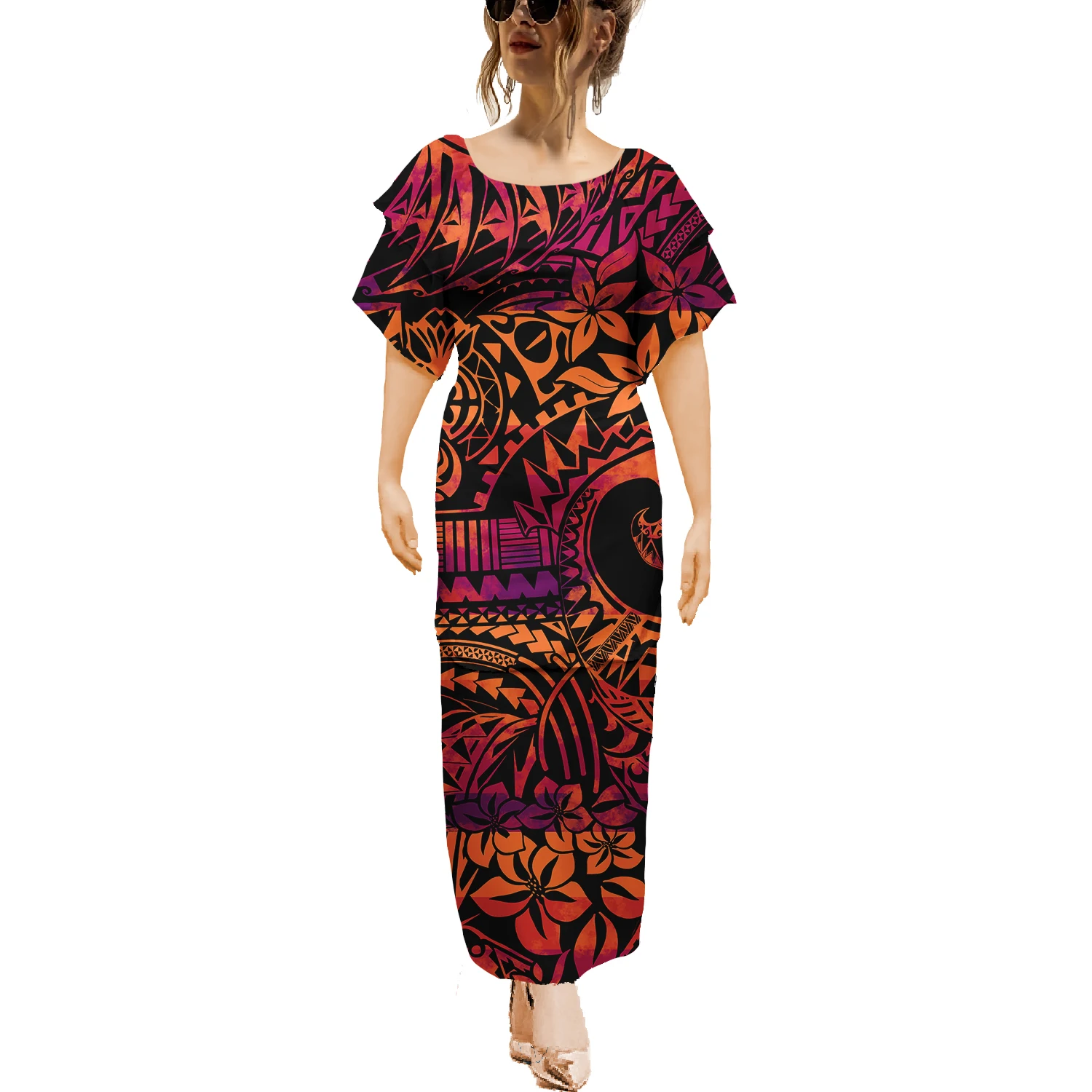 Tribal Hawaiian Samoan Two-piece Set Puletasi Elegant Dresses Island Short Sleeve Dress Polynesia Print On Demand