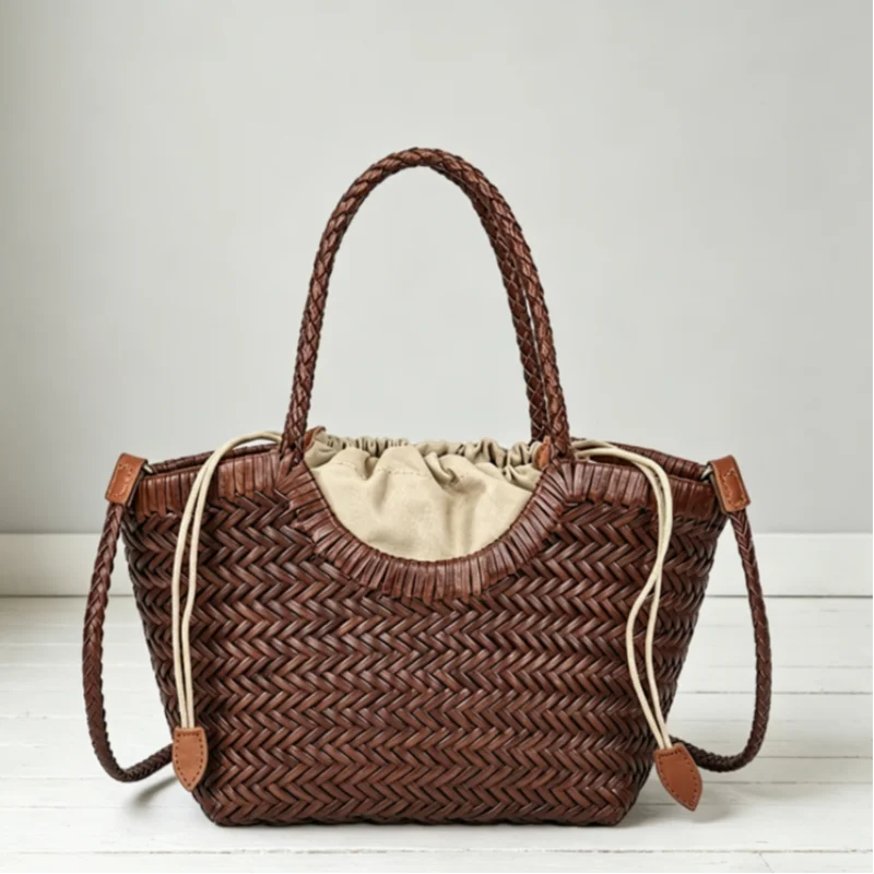 Genuine Cowhide Retro Woven Shoulder Bag, Basket Bag With Inner Pocket Beach Vacation Crossbody Bags High Quality Bucket Bag