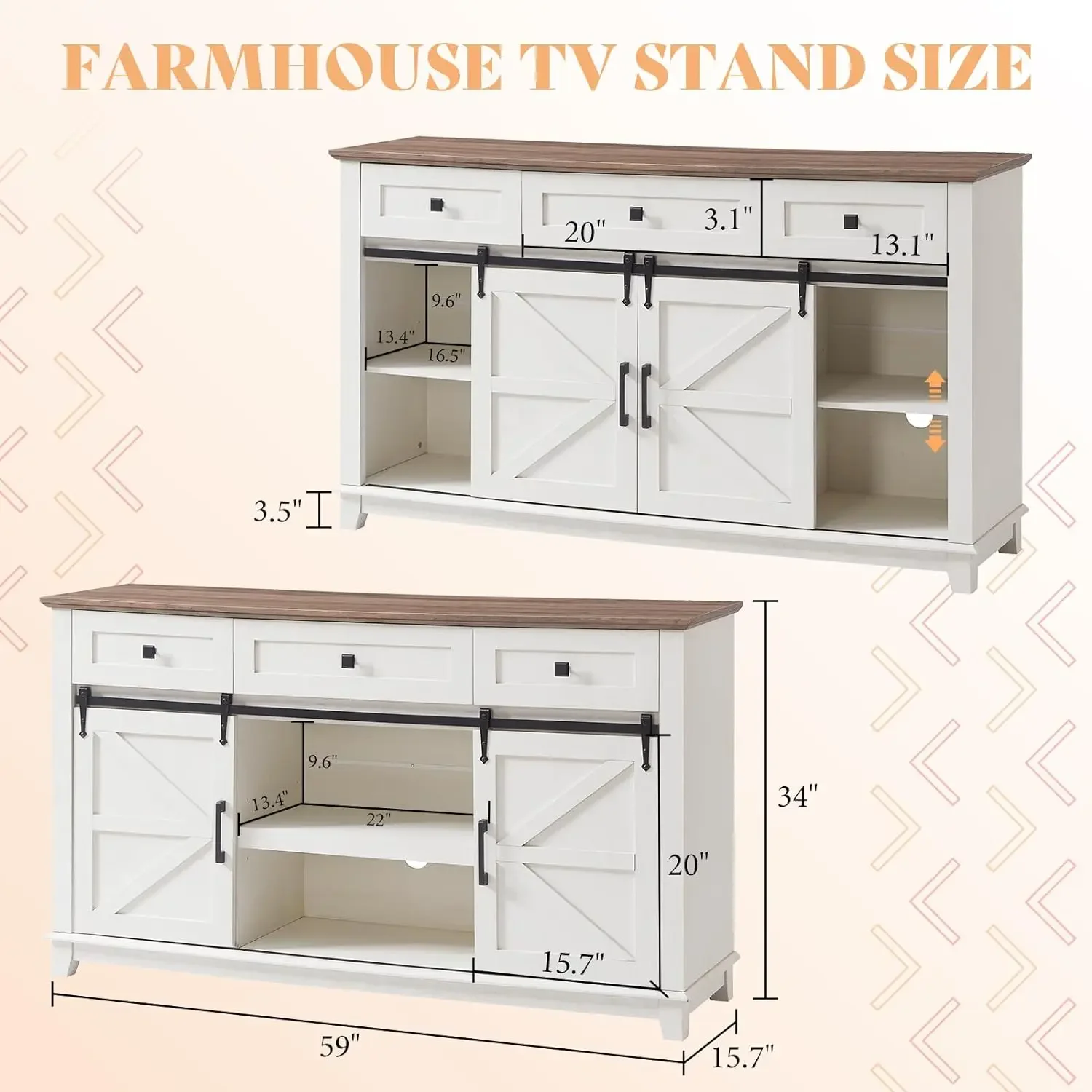 Farmhouse TV Stand for Televisions up to 65 Inchs, Entertainment Center with Sliding Barn Doors and Storage Drawers