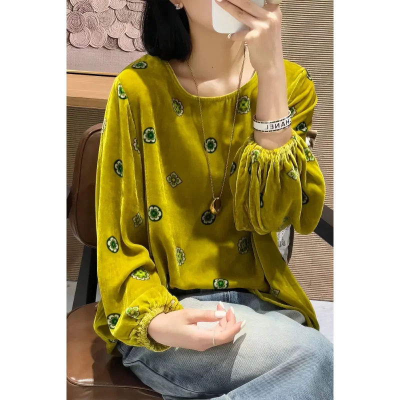 

Temperament Fashion Print Simple Casual Retro High-end Elegant Round Neck Versatile Long-sleeved Velvet Shirt