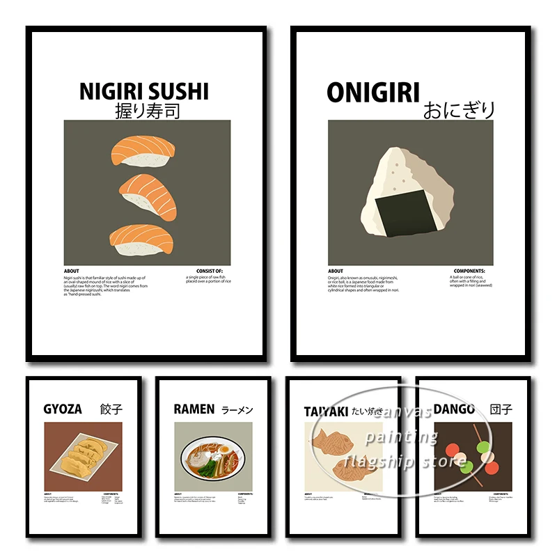 Ramen Onigiri Taiyaki Sushi Dorayaki Japanese Food Poster Prints Canvas Painting Wall Art Picture Dining Room Kitchen Home Decor