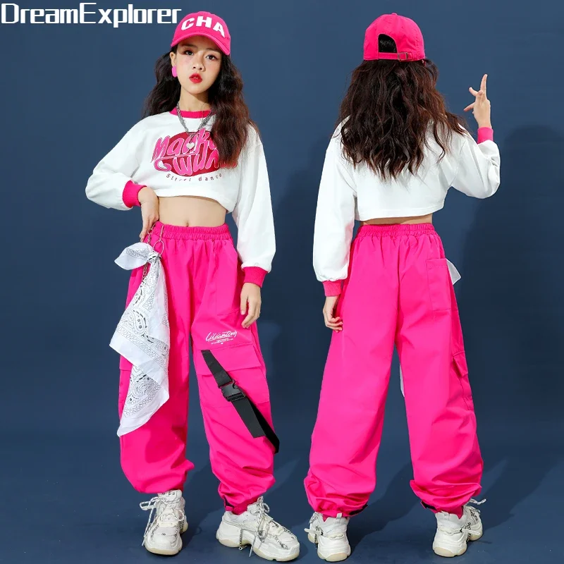 Girls Hip Hop Crop Top Cargo Pants Child Sweatshirt Plaid Skirt Kid Streetwear Jazz Cheerleader Street Dance Costume Clothes Set