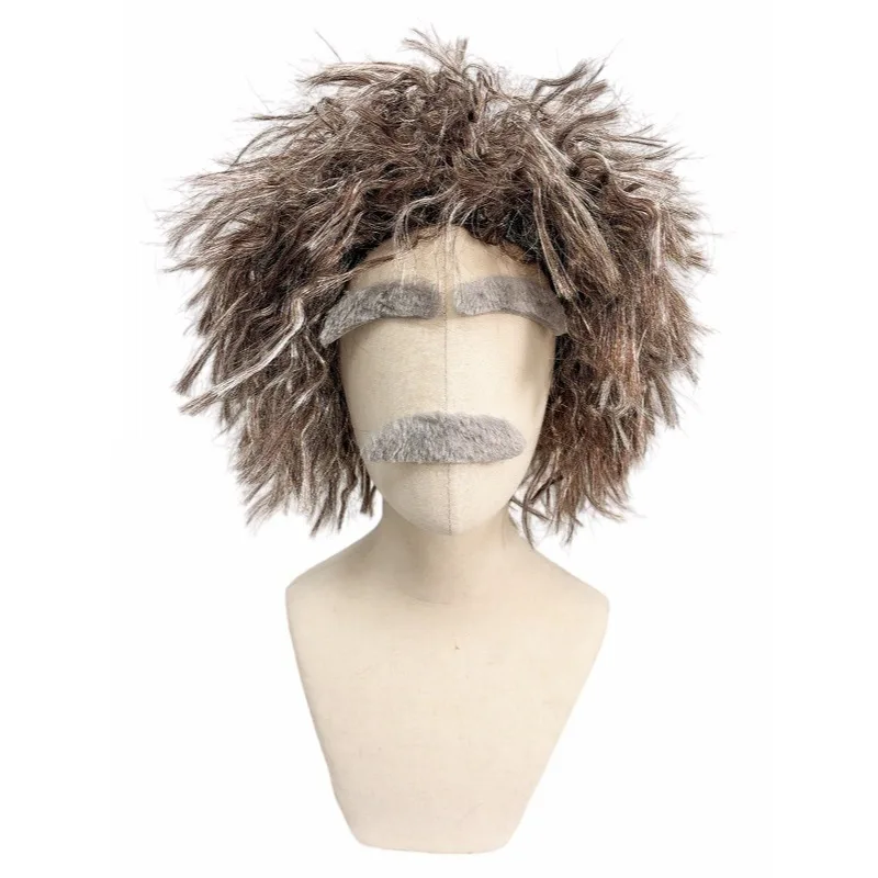 Brown Messy Curly Wig With Grey Eyebrows And Beard Synthetic Hair Einstein Style Halloween Cosplay Costume Wigs for Men Adults