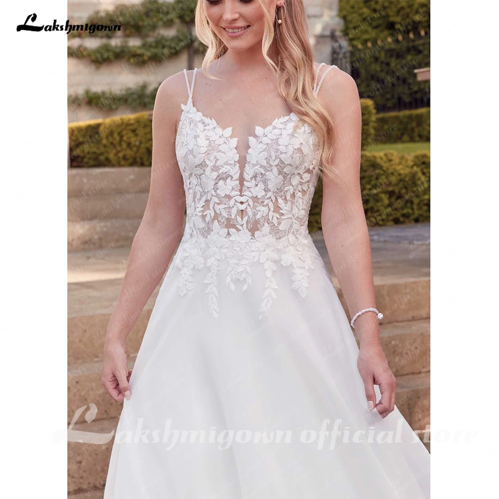 Lakshmigown vestidos de casamento vintage para noiva alças espaguete com decote em v ilusão rendas apliques robe de mariee personalizado