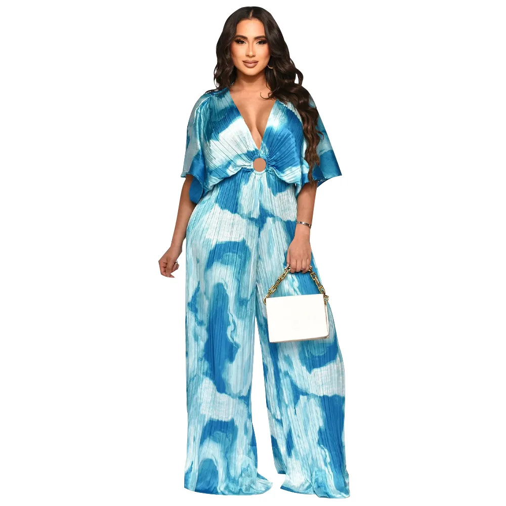 Women Summer Dress Robe Boho Fairy Dresses Pareo Bath Outlet Elegant For Frocks Vintage Kaftan V Neck Pleated Printed Jumpsuit