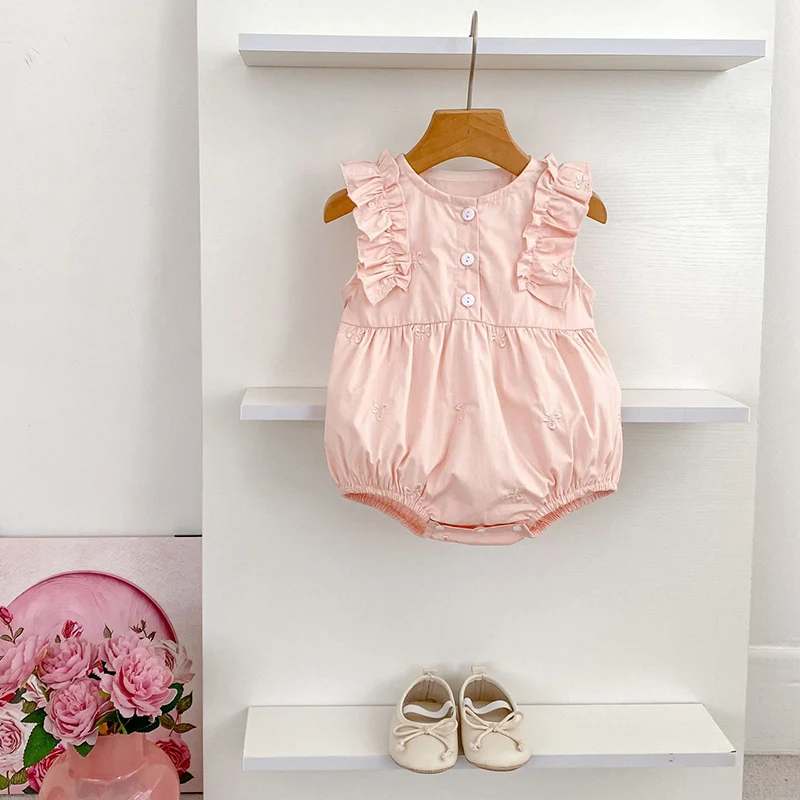 Baby Kleidung Sommer Nette Stickerei Floral Infant Mädchen Ärmellose Bodys Baumwolle Kleinkind Bogen Ein Stück Neugeborenen Mädchen Kleidung