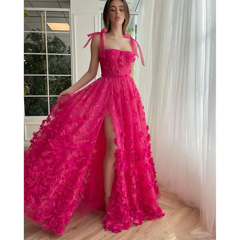 Abiti da ballo Sexy rosa rosato Spaghetti Appliques floreali abiti da sera fessura tappeto rosso Semi formale lungo occasioni speciali vestito