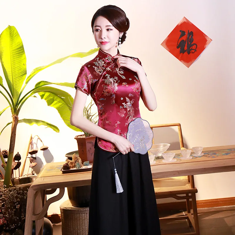 Lake Blue Tang Clothes Lady Slim Qipao Tops Vintage Mandarin Collar Shirt Chinese Style Costume Oversize Blouse Satin Clothing