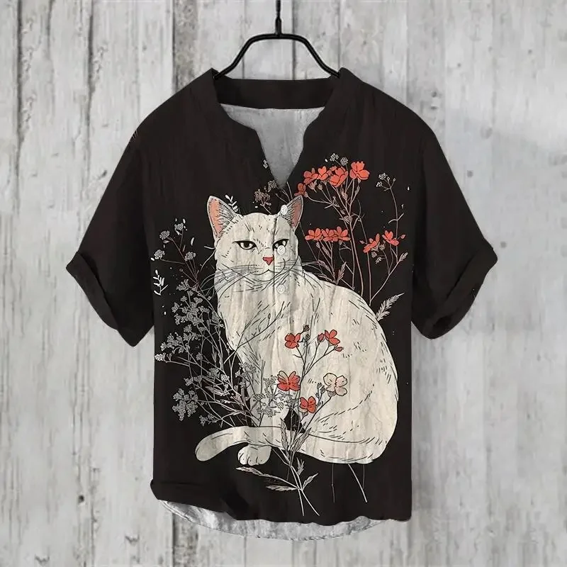 

Retro Art Illustration 3D Casual Loose Spring/Summer New Short sleeved Shirt V-neck Button Shirt Trendy Men