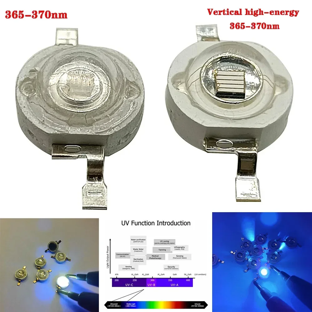 UV LED電球チップ,3w,365nm, 375nm, 380nm, 385nm, 395nm, 400nm, 405nm, 410nm, 420nm,3wハイパワーランプ