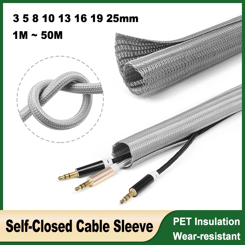 

1 ~ 50M Grey Cable Sleeve 3mm ~ 25mm PET Braided Self Closed Insulation Wrap Flexible Split Line Protector Wire Organizer Sheath