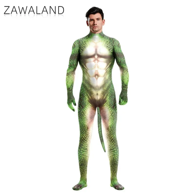 Tute di Halloween Costume adulto maschile con coda Copertura completa Tuta Zentai elastica Cosplay Catsuit con stampa drago animale