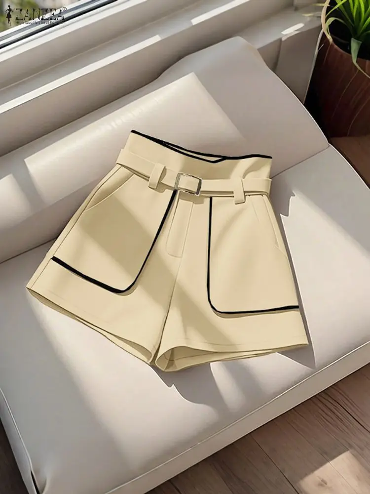 

ZANZEA Элегантные шикарные женские шорты Корейская мода контрастного цвета с высокой талией Короткие брюки с поясом 2025 Лето для офиса и поездок на работу
