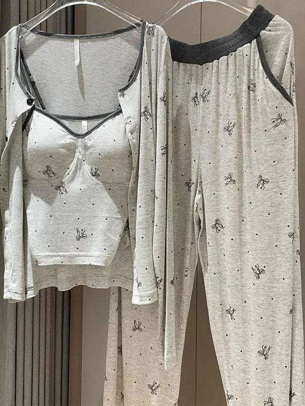 

Large Size 300 Pounds Modal Cotton Sleepwear Three-Piece Set round Neck Open Cardigan Knot Print Long Sleeve Sleepw...