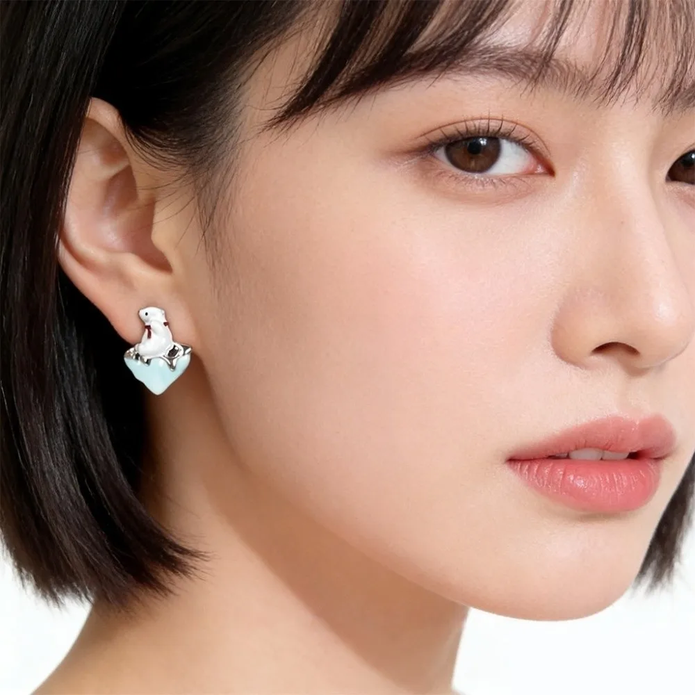 Enamel Polar Bear Stud Earrings Creative Unique Melting Icebergs Earrings Childishness Silver Studs Greenism Ear Studs Gift