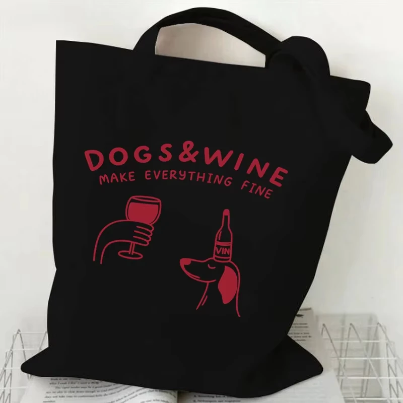 European and American Style Cute Sausage Dog Printed Canvas Tote Bag, Large Capacity Tote Bag, Commuting Simple Canvas Bag
