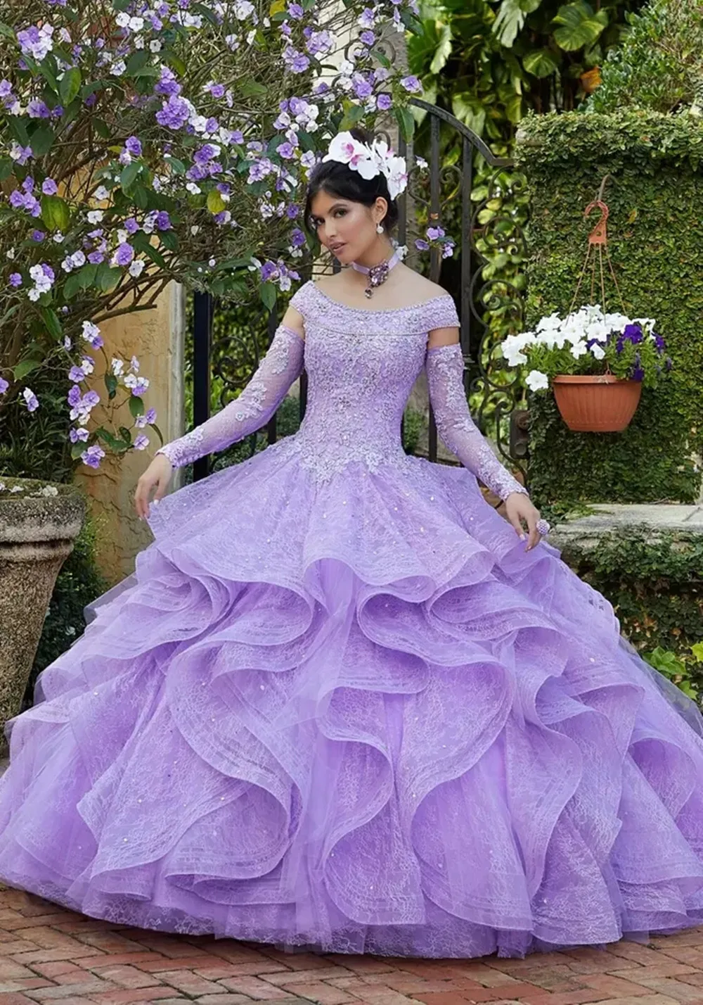 Vestidos de quinceañera morados claros de manga larga desmontable, vestido de fiesta de princesa con cuentas de encaje, fiesta dulce 15, cuello redondo escalonado personalizado