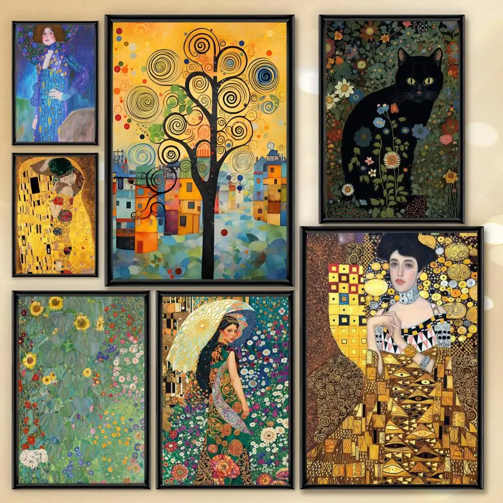 Gustav Klimt Blumengarten-Sonnenblumen-Poster, HD-PVC, wasserdichte Wandkunst – selbstklebend, wiederverwendbar, für Zuhause, Büro, Bar