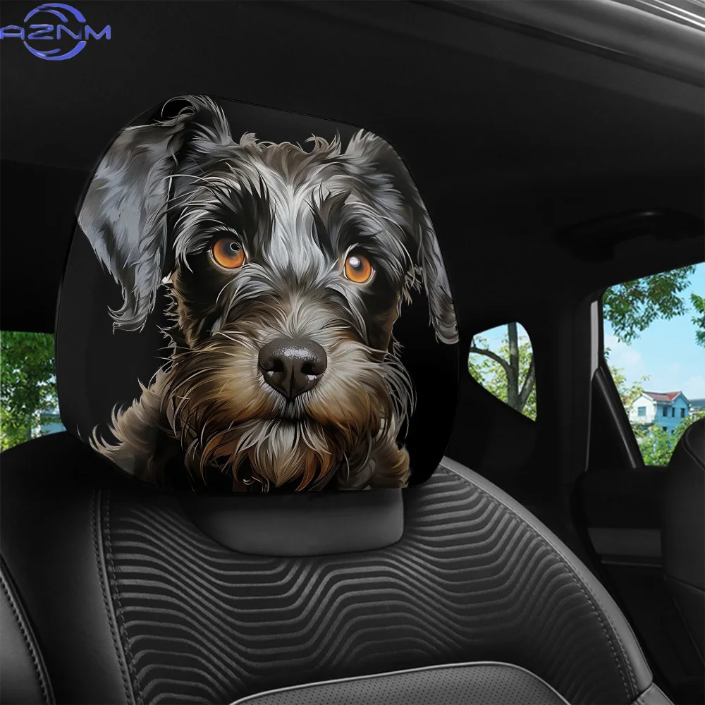 A 2pcs Set Featuring a Realistic Black And Gray Schnauzer Print Car Headrest Cover, Designed for Interior Decoration. It Has N