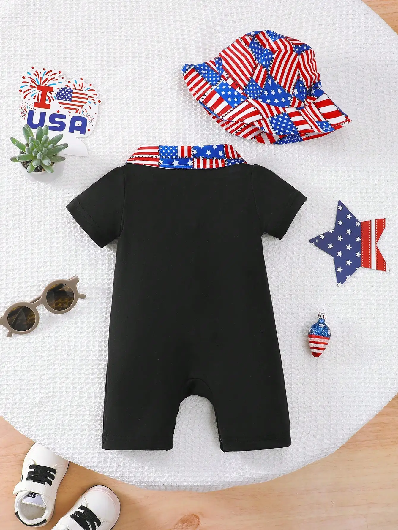 Newborn Boys' Summer Fashion Casual Sports Short-Sleeve Romper + Hat 2-Piece Set, Independence Day Star-Striped Print Polo Collar Pocket Short-Sleeve Romper Shorts, Summer Children's Clothing
