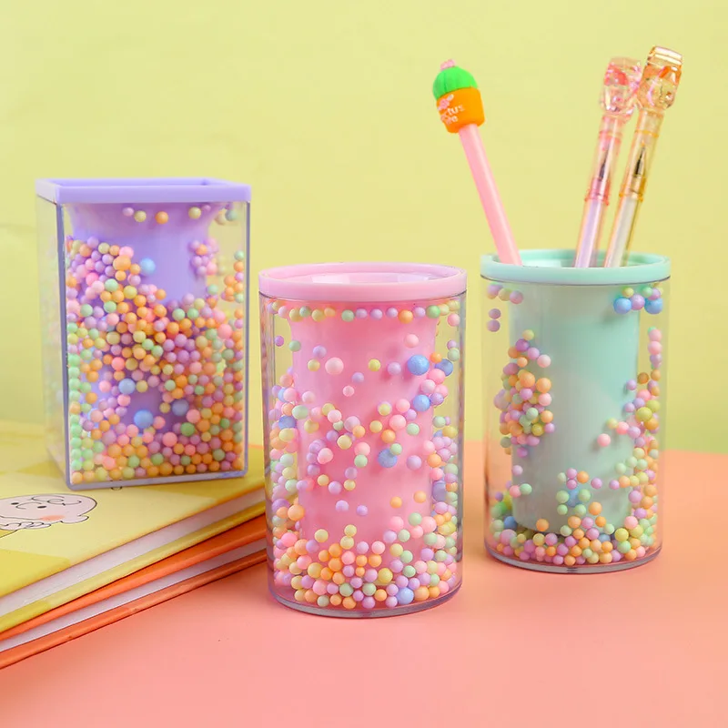 Creative Desktop Large Capacity Squar Shape Pencil Case Cute Foam Ball Style Transparent Pen Holder Decoration Storage