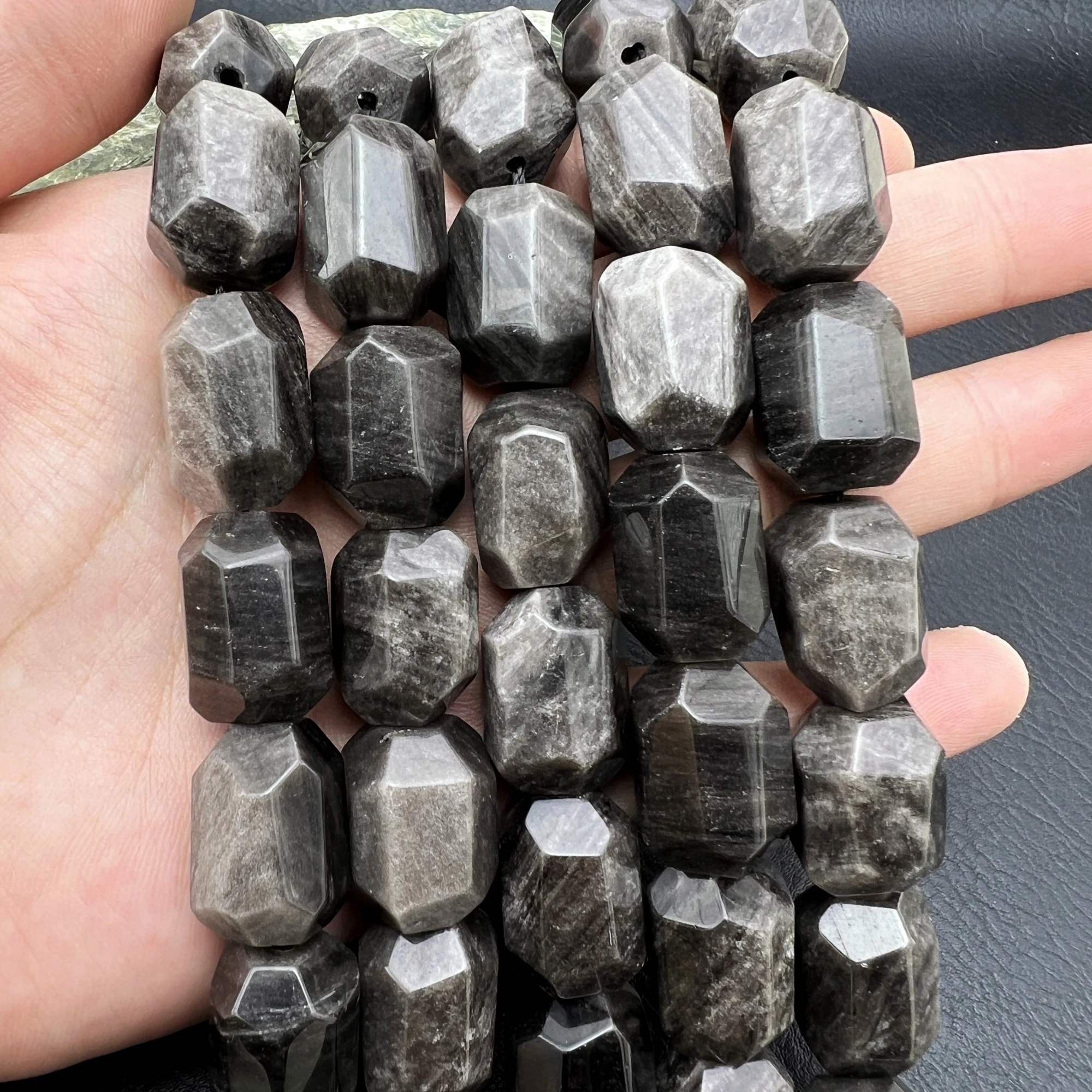 Large Faceted Natural Stone Obsidian Cutting Nugget Focus Beads For DIY Jewelry Making