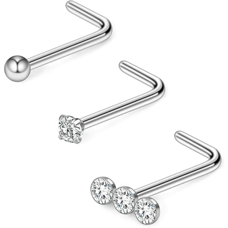 3Pcs 20G Surgical Triple Linear Gem Ball Round Diamond Cz Nose Stud Rings L Shaped Piercing Jewelry Diamond Nose Ring