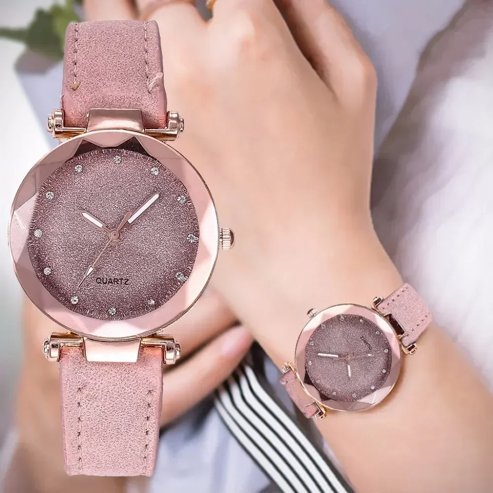 Relojes Para Mujer con diamantes de imitación redondos, reloj de pulsera de cuarzo Vintage con cinturón esmerilado, estrella, cielo, rosa, tendencia